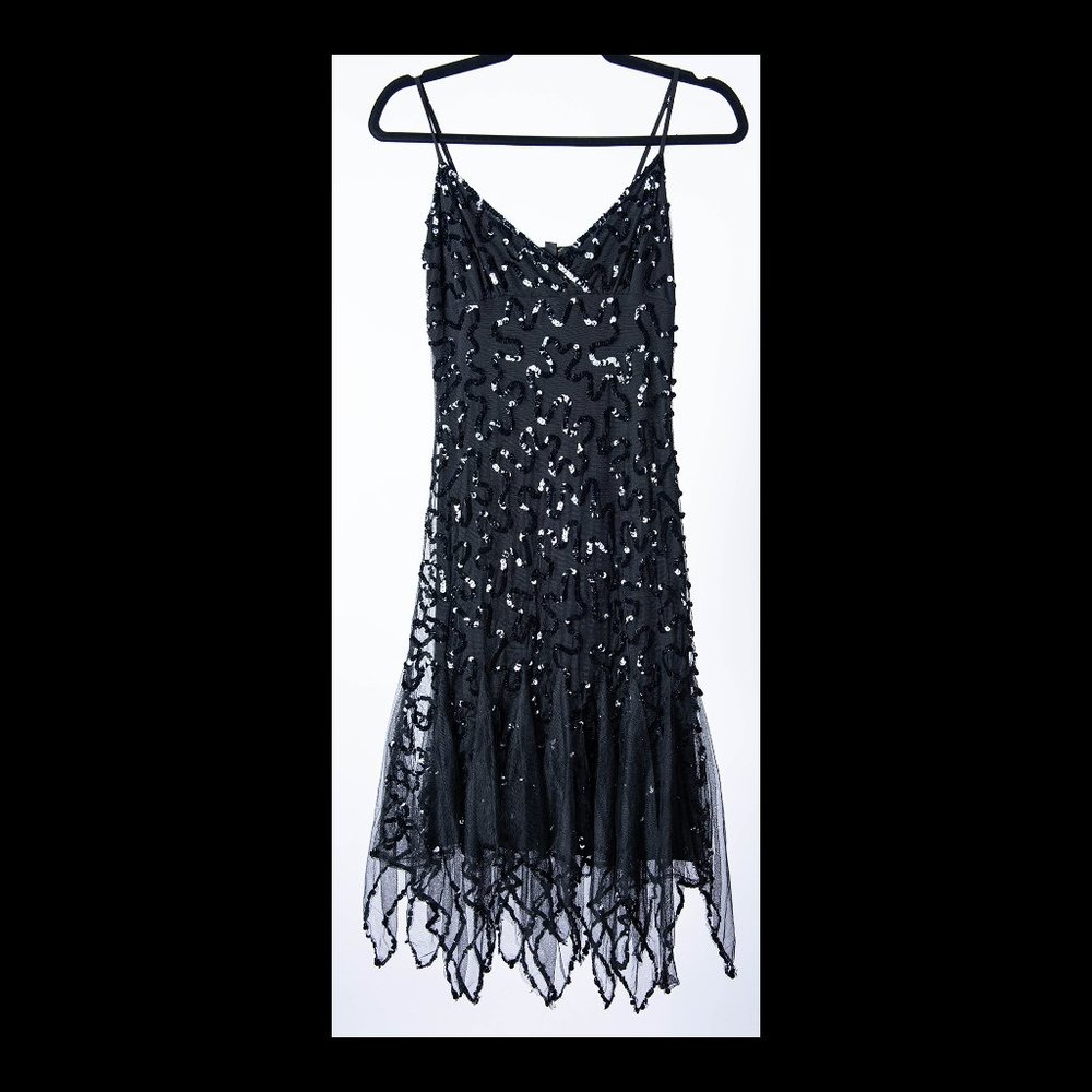 Betsey Johnson Black Sequin Mesh Evening Slip Flutter Dress Size 4